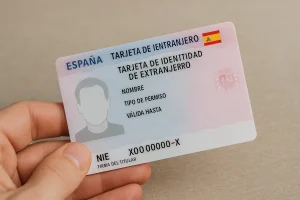 Close-up of a Spanish TIE residency card held by a hand, used for foreign residents in Spain